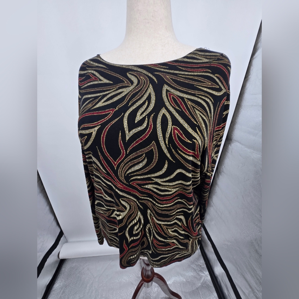 Christine Gerard Black Long Sleeve Top Gold Red Mettalic Swirl 3X (6630)